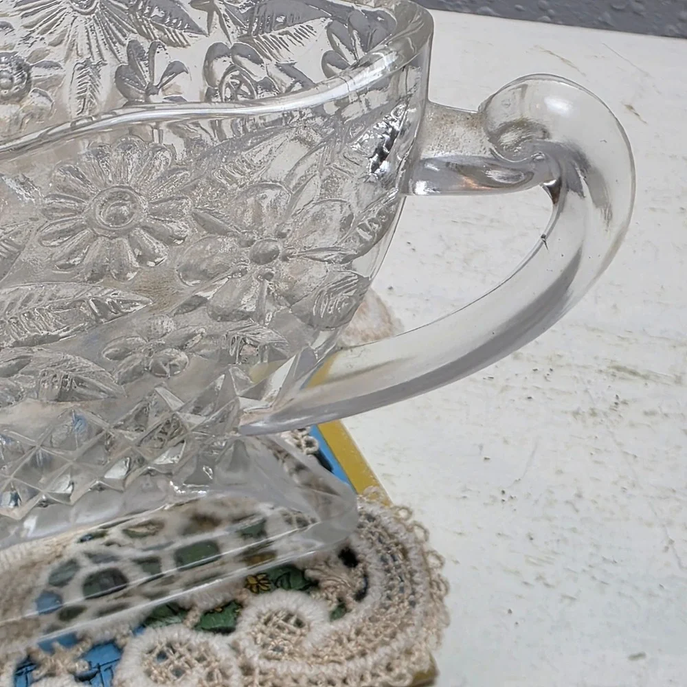 Vintage Indiana Glass Pineapple & Floral Creamer and Sugar Bowl Set Diamond Base